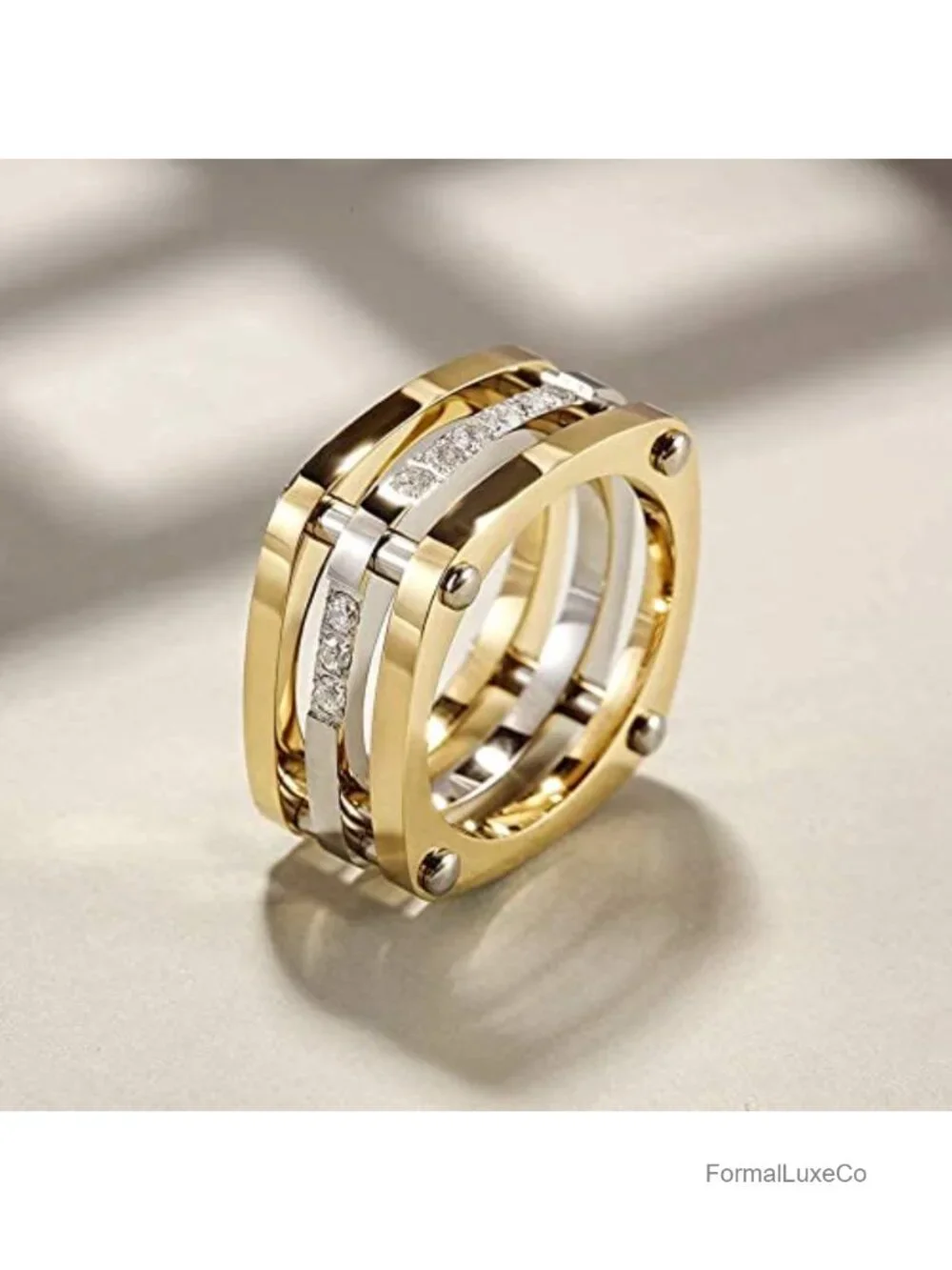 Chunky Square CZ Cocktail Ring Gold Plated Stainless Steel Statement Jewelry